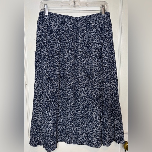 Garnet Hill Navy Blue Floral Midi Skirt Pull On Lined Crepe Pockets Sz L - Picture 2 of 9